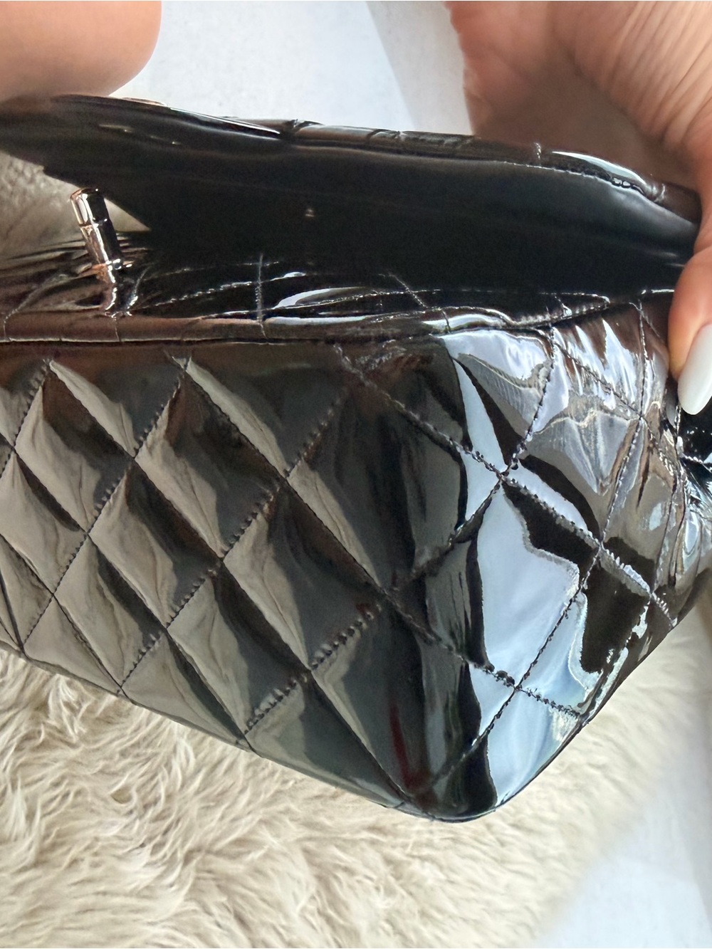 CHANEL Black Quilted Patent Leather Shoulder Bag with Silver Chain - Picture 9 of 13